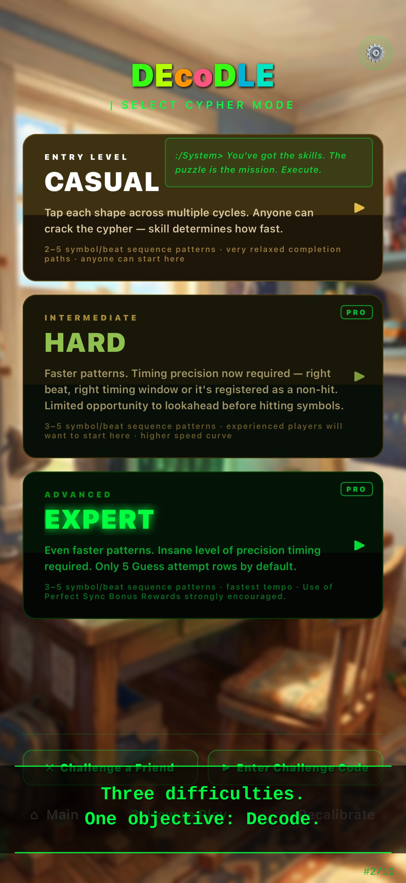 Difficulty select screen — Casual, Hard, Expert