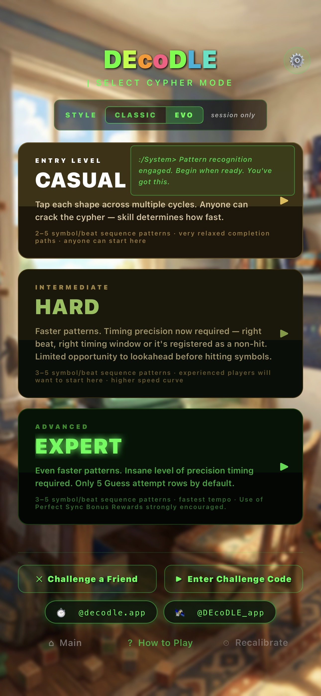 Select screen — Classic/Evo style toggle and Casual, Hard, Expert tiers